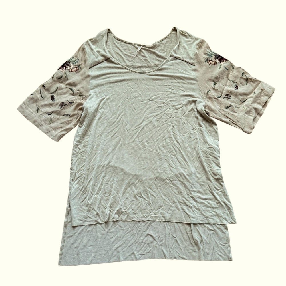 Free People Oatmeal Heather Embroidered Floral Sleeves Peasant Tunic Top M